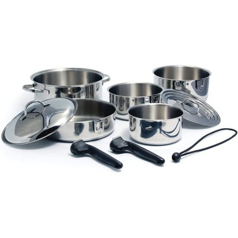 Camco 10 Piece Stainless Steel Cookware Nesting Pots and Pans Set w/Lids,  Detachable Handles & Storage Strap for Camping, Tailgating, Boat, and RV