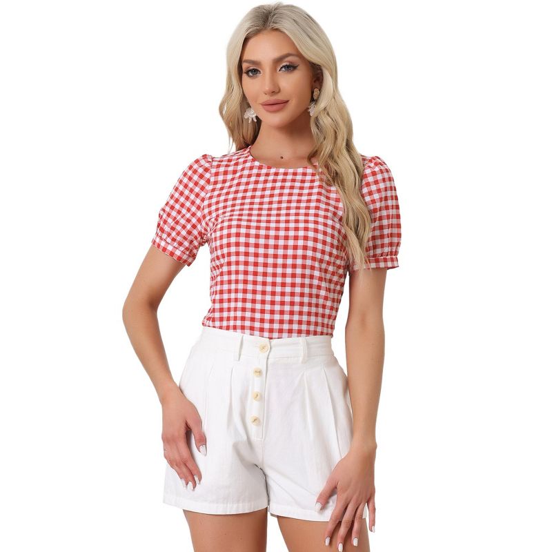 Allegra K Women's Vintage Crew Neck Puff Sleeve Casual Plaid Gingham Blouse, 1 of 5