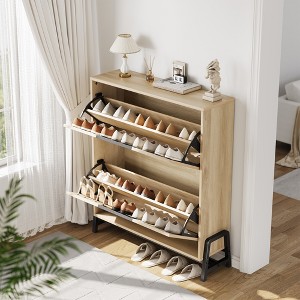 Shoe Cabinet with 2 Flip Drawers and Metal Legs, Freestanding Narrow Shoe Rack, Space-Saving Oak Shoe Storage Organizer for Entryway - 1 of 4