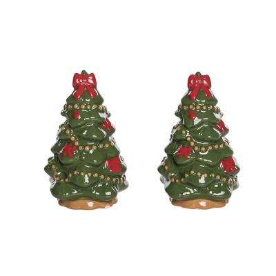 Transpac Dolomite Bow Trees Salt and Pepper Shaker Set of 2 Ceramic Christmas Green Tabletop Decor Indoor Use Gift Giving and Hostess Gifts Hand Wash