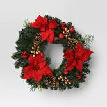 22" Mixed Greenery and Poinsettia Flowers Decorated Artificial Christmas Wreath Green - Wondershop™