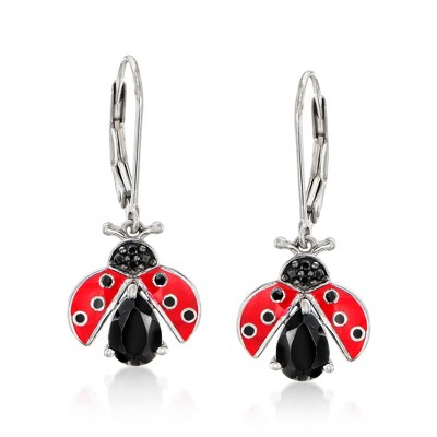 Ross-Simons 1.89 ct. t.w. Black Spinel Ladybug Drop Earrings With Red and Black Enamel in Sterling Silver