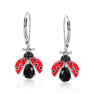 Ross-Simons 1.89 ct. t.w. Black Spinel Ladybug Drop Earrings With Red and Black Enamel in Sterling Silver - 1 of 3