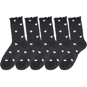 Anna-Kaci Women's 5-Pair Set Frilly Crew Socks with Heart Pattern and Ruffle Trim Breathable Knit Design for Flats or Loafers - 1 of 4