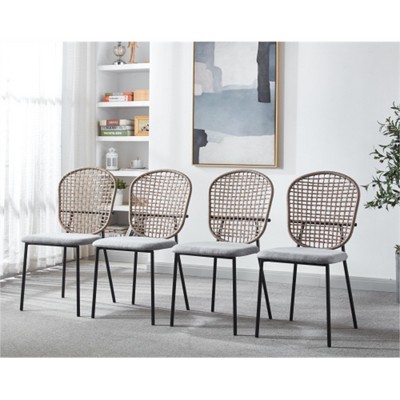 SKRAN Natural Woven Chair Set, Set of 4 Indoor Dining Chair, Coffee Chair with Metal Legs and Mesh Weaving for Home, Restaurant, Kitchen