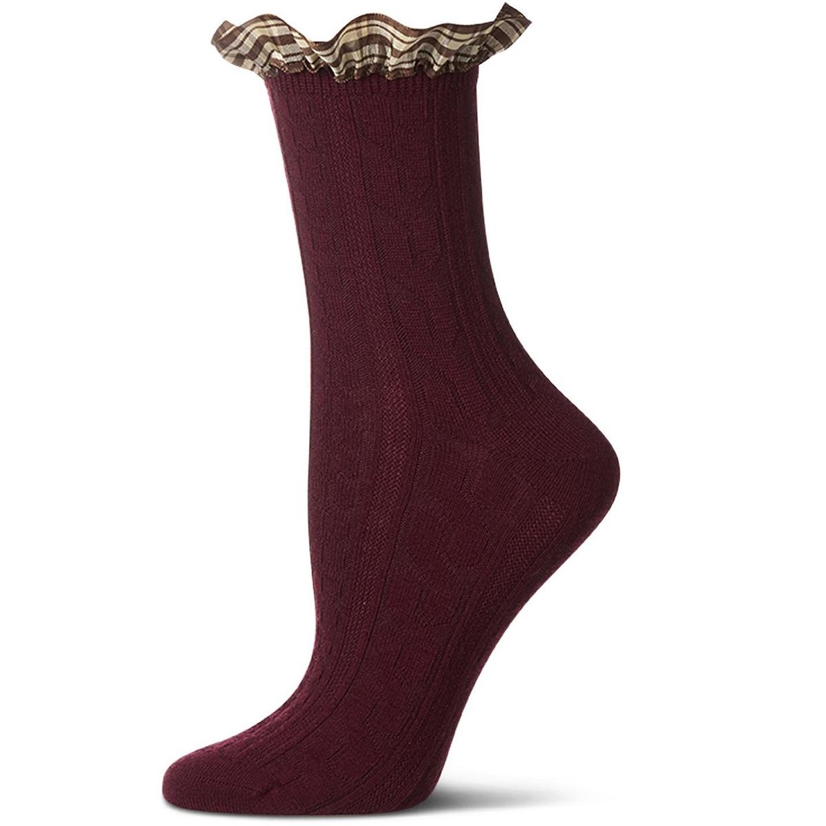 Memoi Women's Wool Blend Plaid Ruffle-Cuff Chain Stitch Crew Sock