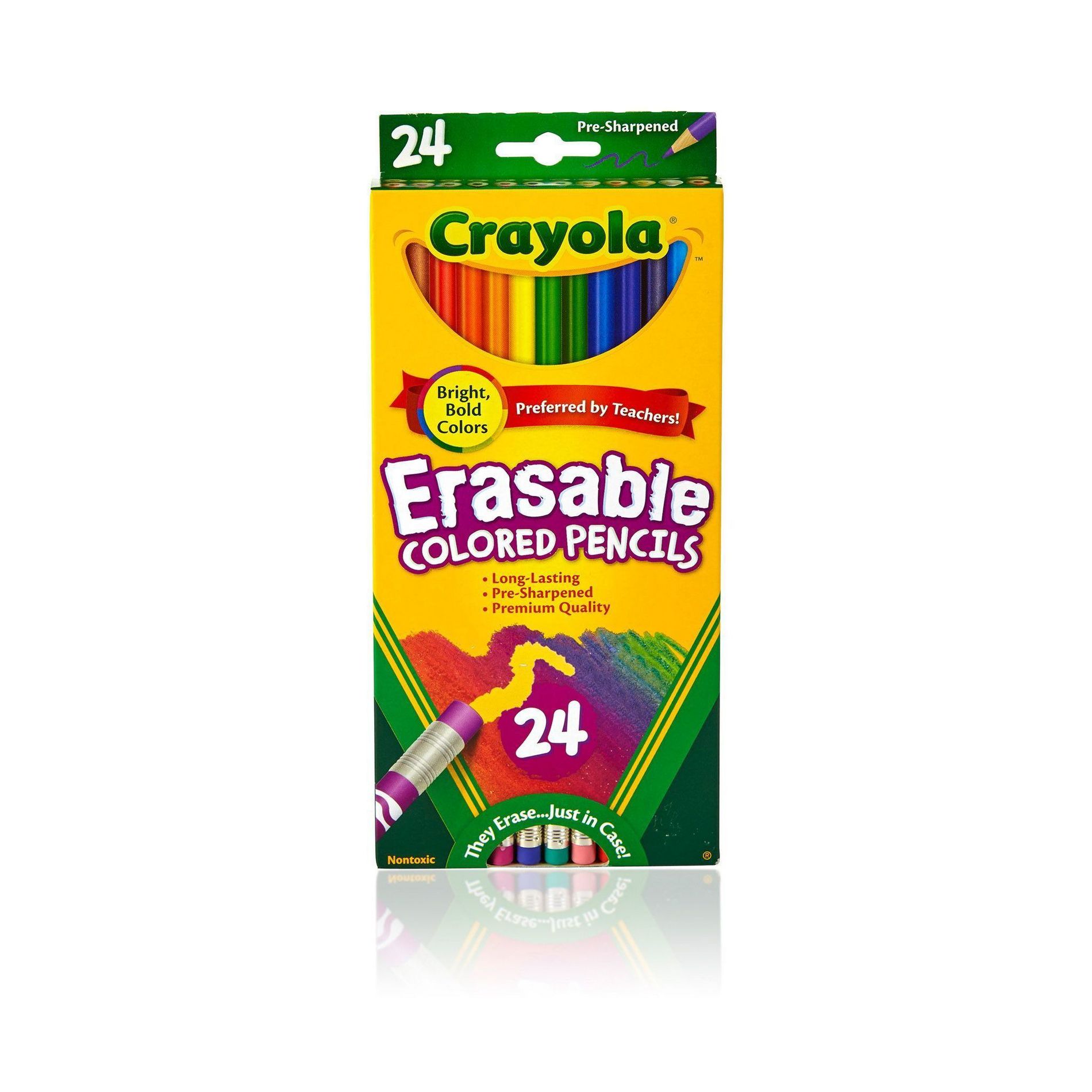 Crayola Erasable Colored Pencils 24ct: Multicolor, Presharpened, Non-Toxic, School Supplies for Kids, Includes Erasers