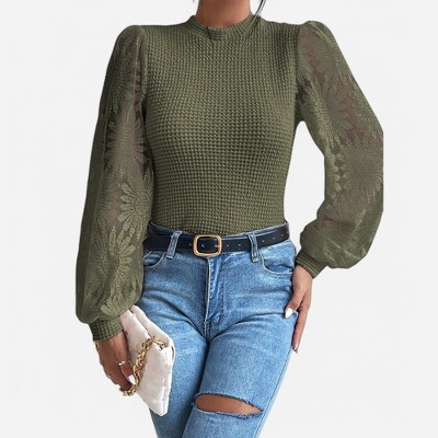 Amaryllis Women's Textured Knit Top Sheer Lace Puff Sleeve Elegant Fitted Long-Sleeve Blouse
