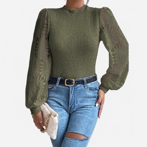 Amaryllis Women's Textured Knit Top Sheer Lace Puff Sleeve Elegant Fitted Long-Sleeve Blouse - 1 of 4
