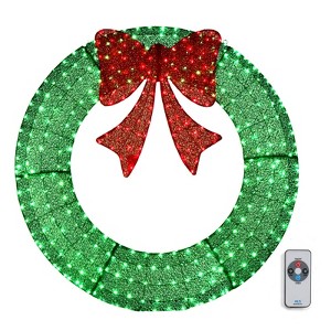 Angel Sar 48-Inch Christmas Wreath, 315 LED Outdoor Decoration with Green Metal Frame and Red Bow, Timer Remote Control for Home Exterior - 1 of 4