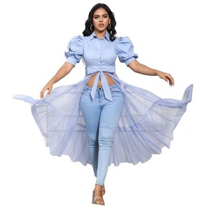 Clearlove Womens Mesh See Through Shirts Puff Sleeve Long Dresses Belt V Neck Button Down Flowy Ruffled Casual Club Party Outfit - 1 of 4