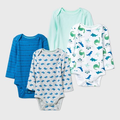 Image of Baby Boys' 4pk Dino Dreams Long Sleeve Bodysuit - Cloud Island™ Blue/Green/Gray 6-9M