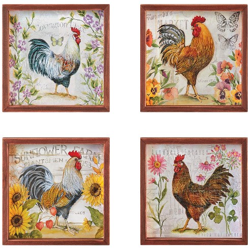 Collections Etc 4pc. French Country Rooster Wooden Framed Wall Set ...