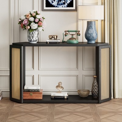 HDZNVF Narrow Console Table with Unique Irregular Top Design, Entryway Table with Open Shelf, Black