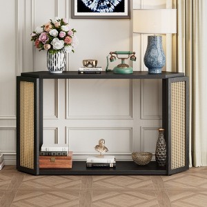 HDZNVF Narrow Console Table with Unique Irregular Top Design, Entryway Table with Open Shelf, Black - 1 of 4