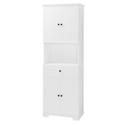 Vynxaria White Tall Bathroom Storage Cabinets with Four Doors and Open Shelves