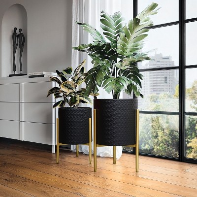 Black Diamond Pattern Metal Planter Set with Gold Stands