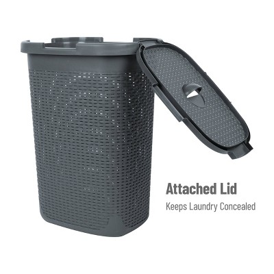 Gray Plastic Wicker Laundry Hamper with Lid and Wheels