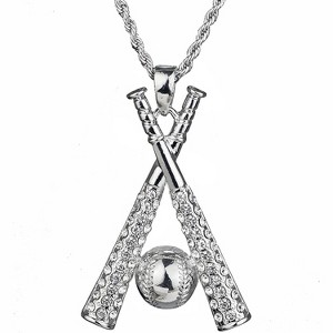 Stainless Steel Baseball Pendant Necklace - Hip Hop Style with Bat Cross & Rhinestones (Silver) - 1 of 4