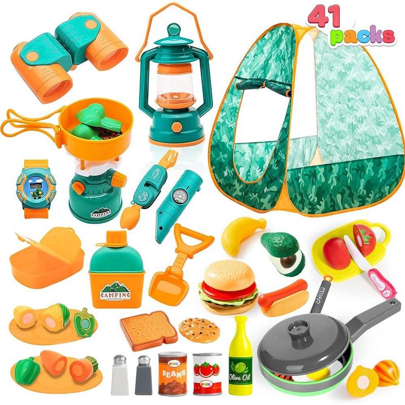 Syncfun 41 Pcs Kids Camping Tent Set with Camping Gear, Includes Kids Tent, Oil Lantern, Food Toys, Binoculars, Flashlights, Compass, 1 of 9