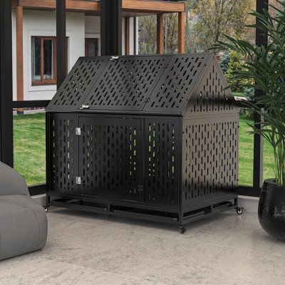 LAOTIES 45" Heavy Duty Indestructible Dog Crate Kennel,Escape-Proof Metal Cage with Roof,Lockable Wheels And Removable Trays