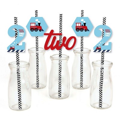 Big Dot of Happiness 2nd Birthday Railroad Party Crossing - Paper Straw Decor - Steam Train Second Birthday Party Striped Decorative Straws -Set of 24