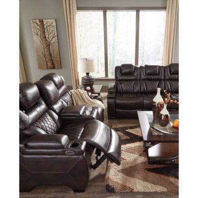 Brown Faux Leather Power Reclining Sofa with Storage and Cup Holders
