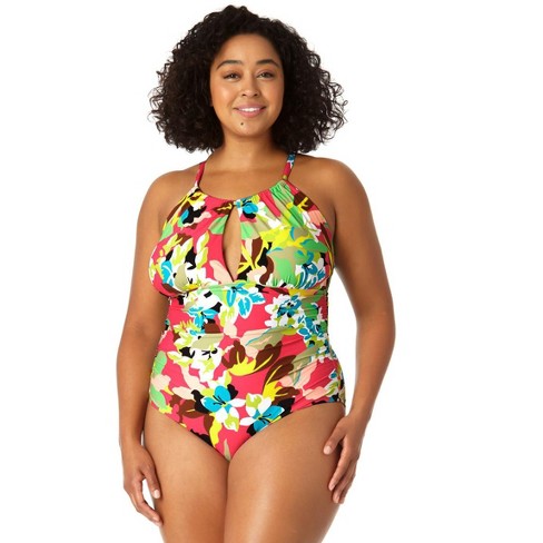 Anne Cole Plus - Women's High Neck With Ruffled Straps One Piece Swimsuit -  24w Multi : Target