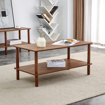 Chic Crate - Elegant Rectangular 2-Tier Coffee Table with Open Storage Shelf, Rounded Rubberwood Legs - Modern Living Room Furniture