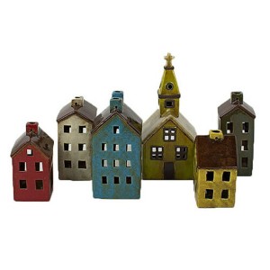 Ceramic Village Houses, 12" Tall, Hand-Painted Glazed Finish, Multicolor Decorative Holiday Set of 6 by Kalalou - 1 of 4