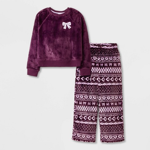 Girls 2pc bow Fairisle Long Sleeve Cozy Pajama Set Cat Jack Gray purple Xs Target