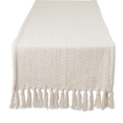 Design Imports  Handloomed  Chevron Jacquard Fringe Table Runner, Off-White, 15X72"