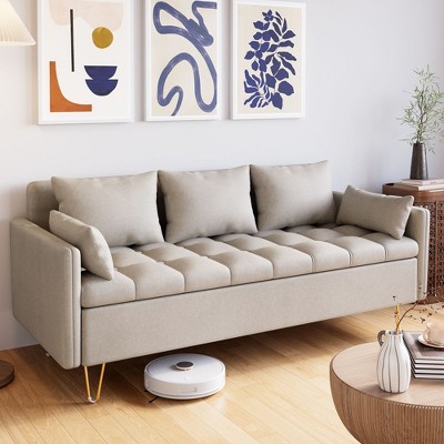 67.3'' Compact 3 Seater Sofa with Storage & Metal Legs, Small Faux Leather Couch for Living Rooms, Apartments, Offices