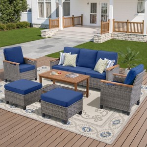 Buenhomino 6-Piece Outdoor Wicker Furniture Set – Sofa, 2 Chairs, 2 Ottomans & Coffee Table with Cushions, Weather-Resistant PE Rattan Patio Set - 1 of 4