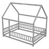 Dolonm Full Size Wooden House Roof Floor Bed with Fence Guardrails, 79.5"L x 60"W x 73.8"H, Natural Pine - 2 of 4