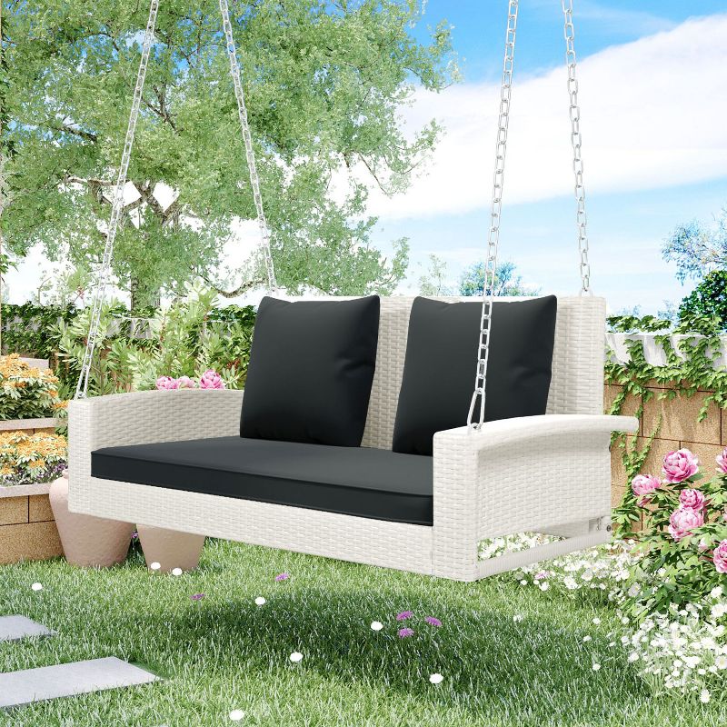 2-Person Wicker Hanging Porch Swing with Chains, Cushion, Pillow, Rattan Swing Bench for Garden, Backyard, Pond-Maison Boucle, 2 of 9