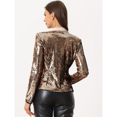 INSPIRE CHIC Women's Velvet Contrast Collar Shiny Metallic Cropped Sequin Blazers Champagne Large — фото 3