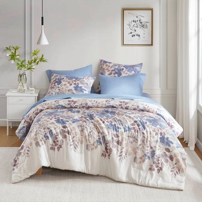 Twin Blue Microfiber Floral Bed in a Bag Set