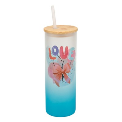 Elanze Designs 25 Ounce Frosted Glass Gradient Travel Tumbler With Straw and Wooden Lid, Love Balloons Sky Blue