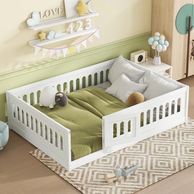CAVINAS Twin/Full Size White Bed Frame with Heightened Guardrails,Solid Wood Floor Bed for Kids Room,Bedroom