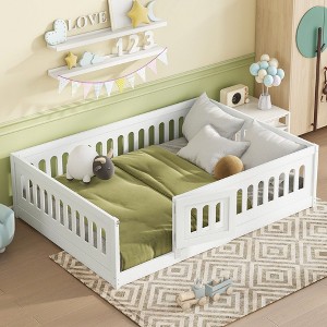 CAVINAS Twin/Full Size White Bed Frame with Heightened Guardrails,Solid Wood Floor Bed for Kids Room,Bedroom - 1 of 4