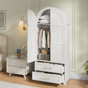 Wardrobe Closet with 2 Drawers and Arched Doors, 73" Tall Wooden Bedroom Armoires with Hanging Rod - 1 of 4