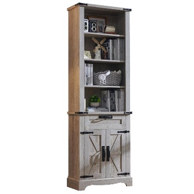 Farmhouse Bookshelf with Storage Cabinet, 72" Tall Bookcase with Drawer and Barn Door for Office Library, Living Room