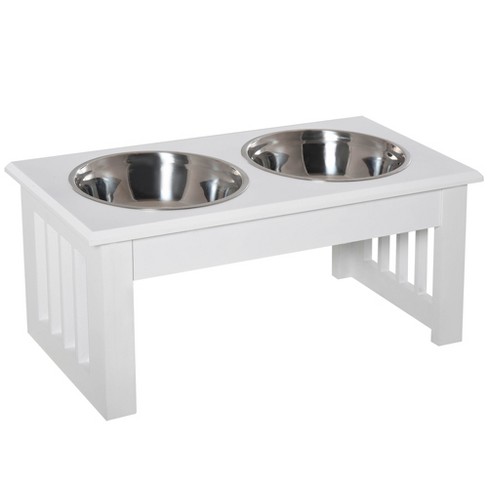 PawHut 17 Durable Wooden Dog Feeding Station with 2 Included Dog Food  Bowls and a Non-Slip Base White