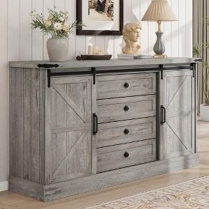 White Farmhouse 4 Drawer Dresser with Sliding Barn Doors 45in Wide Wood Storage Cabinet and TV Stand for Bedroom Living Room or Entryway White - 1 of 4