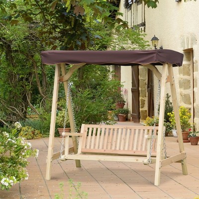 Natural Fir Wood 2-Seater Porch Swing with Brown Canopy