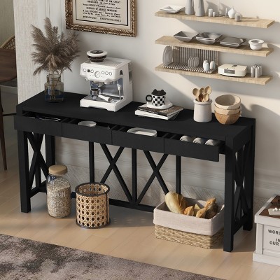 60'' Acacia Wood Console Table with 4 Drawers,Modern Farmhouse X-Leg Entryway Table with Open Storage for Living Room-Baofuwish