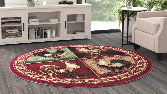 Emma and Oliver Rustic Farmhouse Plush Olefin Accent Rug with Rooster Design and Floral Borders and Natural Jute Backing, 2 of 8, play video