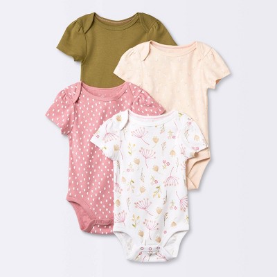 Image of Baby Girls' 4pk Prairie Floral Short Sleeve Bodysuit - Cloud Island™ Pink 3-6M