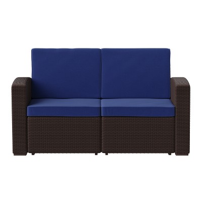 Seneca Brown Faux Rattan Loveseat with Navy Cushions